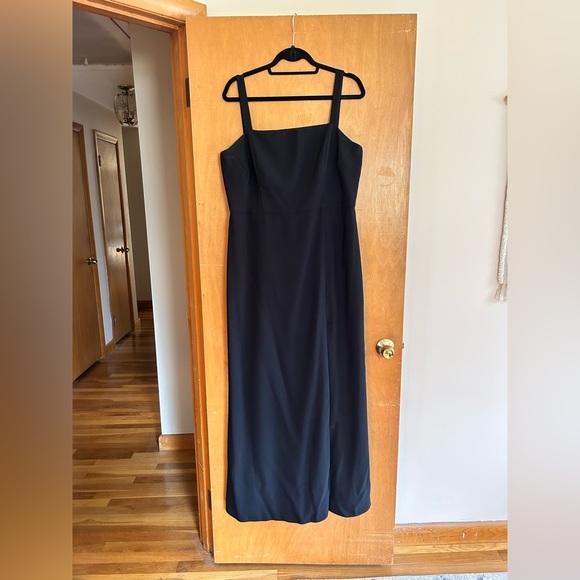 After Six Spaghetti Strap Crepe Trumpet Bridesmaid or Prom Dress in Black - Picture 2 of 6